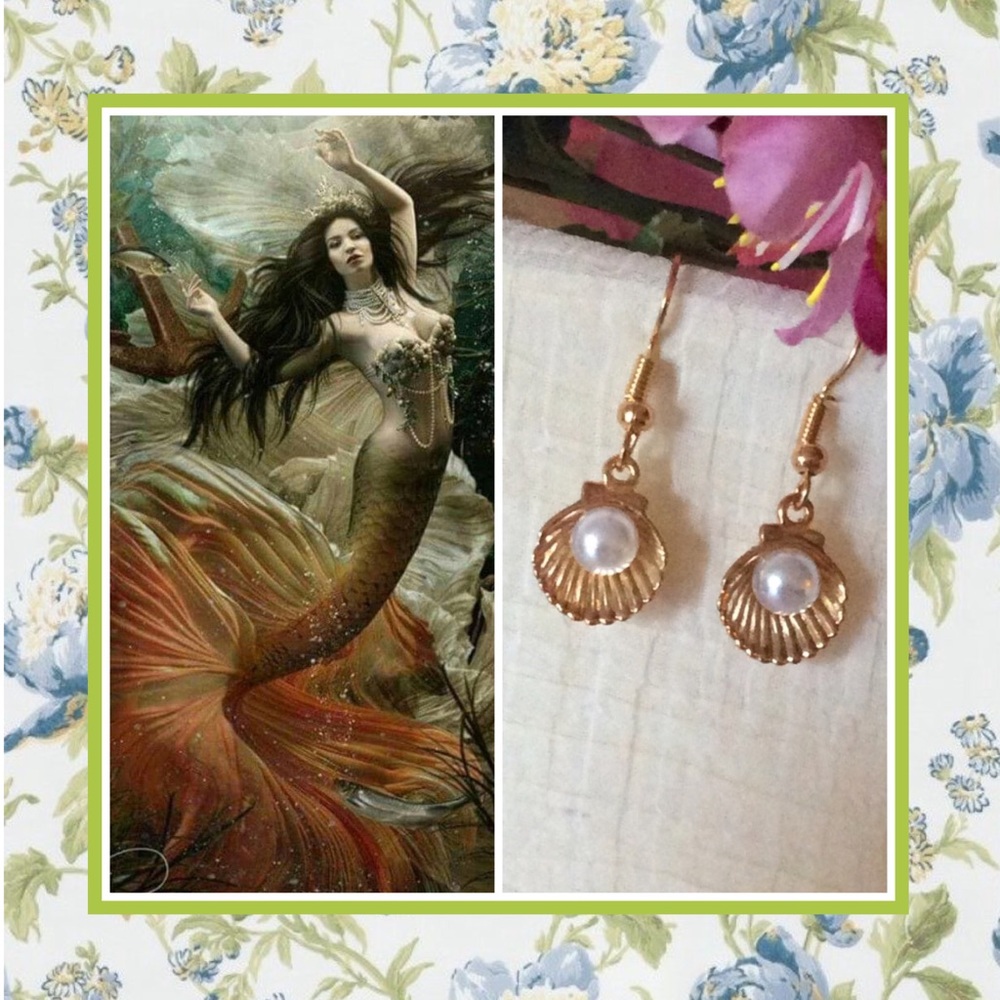 🎀 MERMAID SEASHELL WHITE PEARL GOLD EARRINGS BOHO CHIC OCEAN DANGLE DROP HOOK